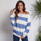 Damen Freizeit Pullover mit modernem Lochmuster und Streifen-Design R&B