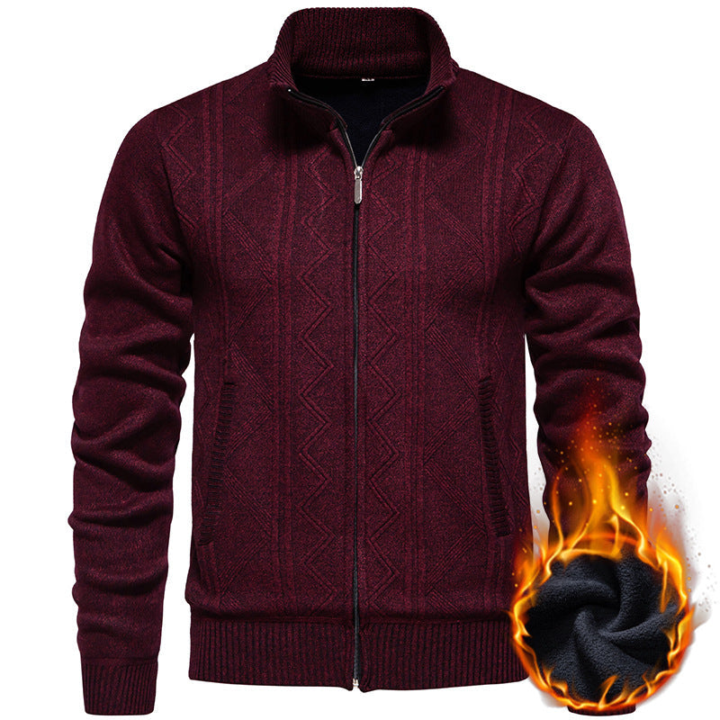 Herren Strickjacke mit Zopfmuster und hohem Stehkragen R&B