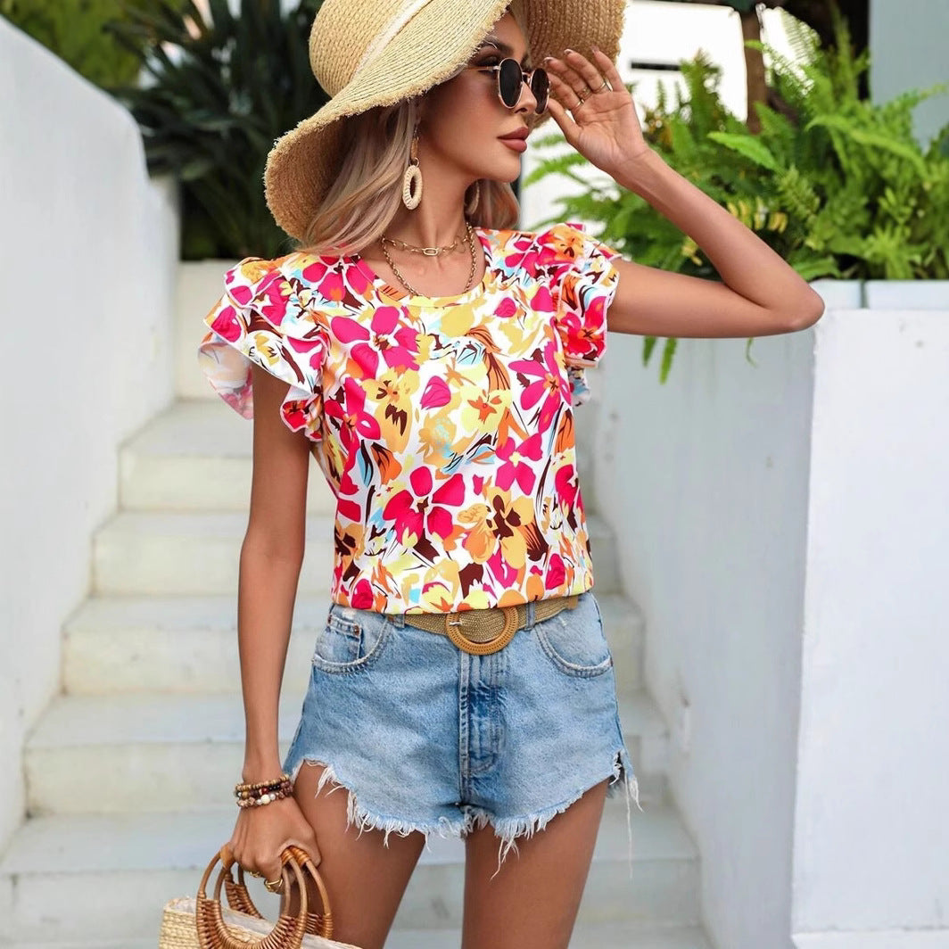 Damen modisches T-Shirt mit Rüschendetails und floralem Muster R&B