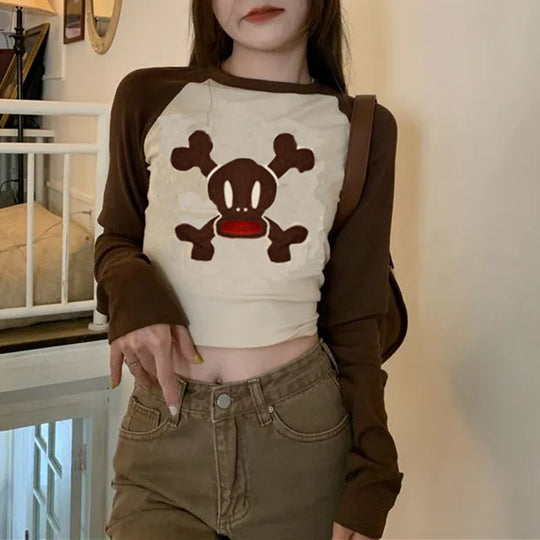Damen trendiges Raglan-Crop-Top mit Totenkopf-Print R&B