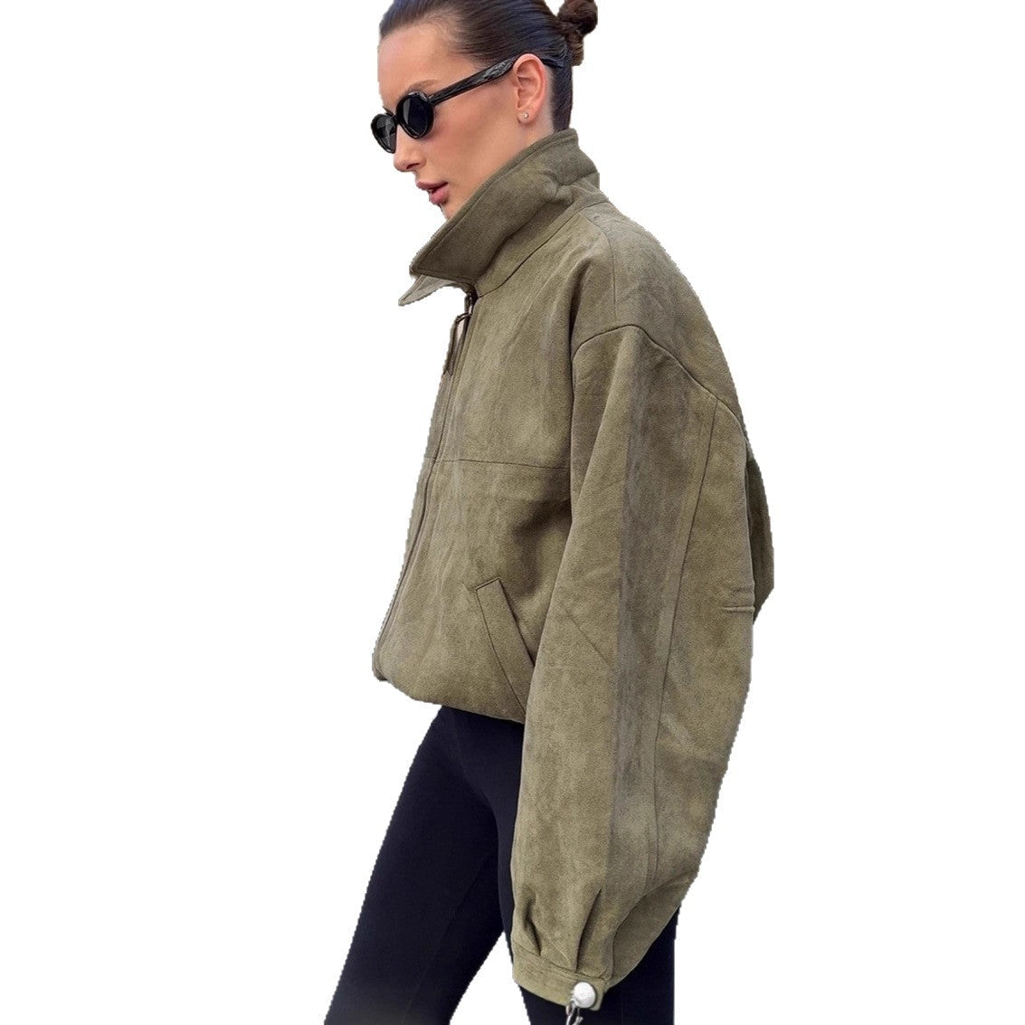 Damen Oversized Suede Jacke mit hohem Kragen und praktischen Taschen R&B