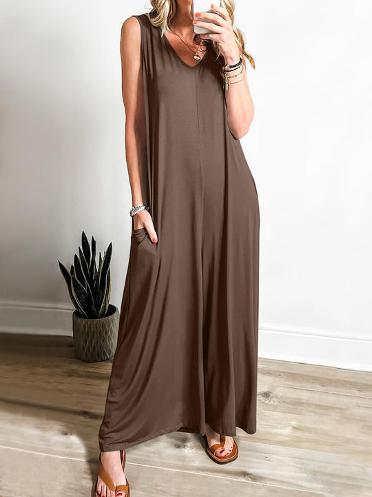 Damen Lockerer Jumpsuit mit tiefem V-Ausschnitt und seitlichen Taschen R&B