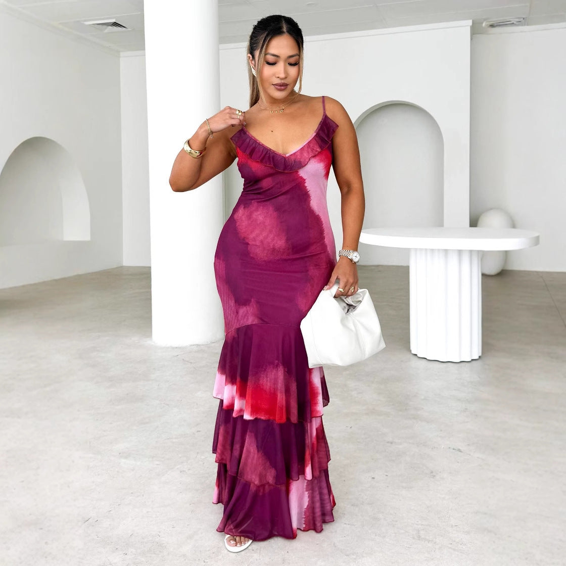 Damen Maxikleid mit eleganter Rüsche und fließendem Rock R&B