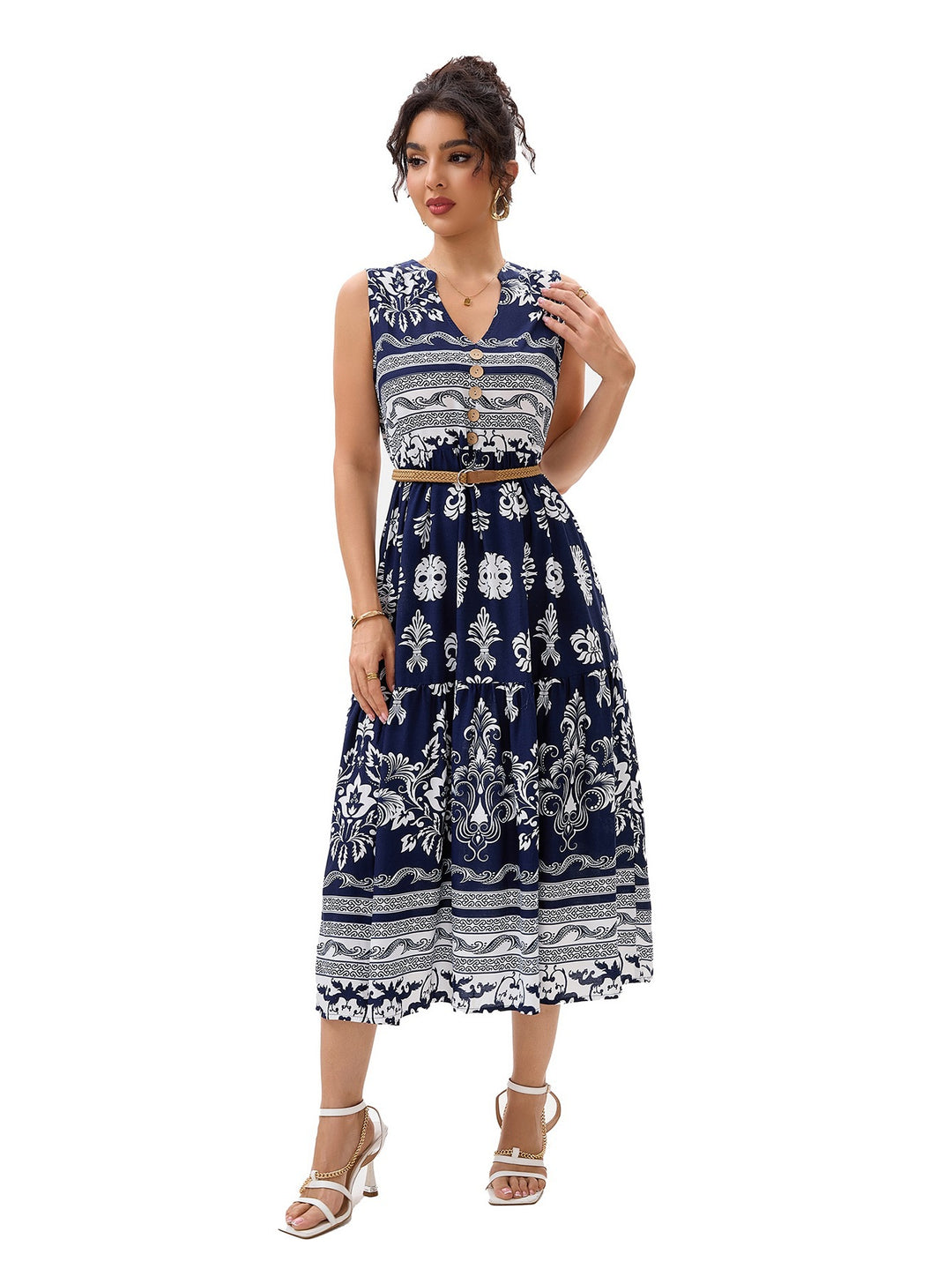 Damen Maxikleid mit dekorativem Knopfverschluss und floralem Muster R&B