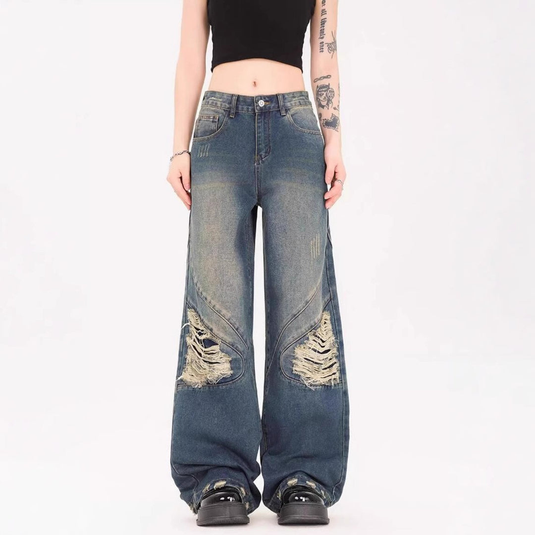 Damen Weite Jeans mit ausgefranstem Design und modischen Rissdetails R&B