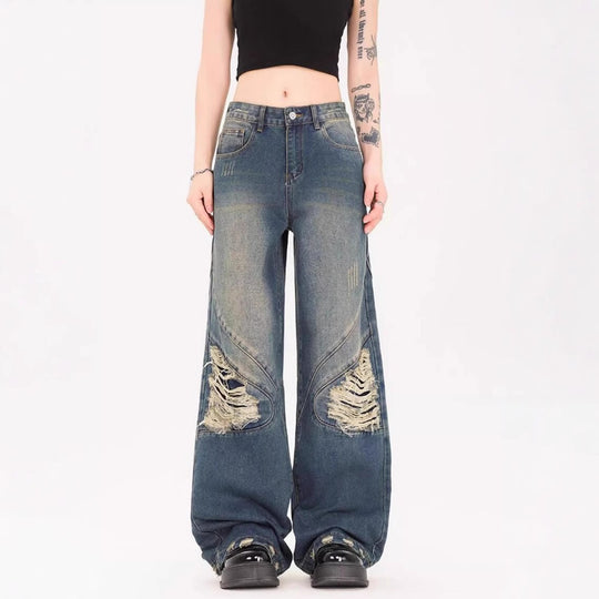 Damen Weite Jeans mit ausgefranstem Design und modischen Rissdetails R&B