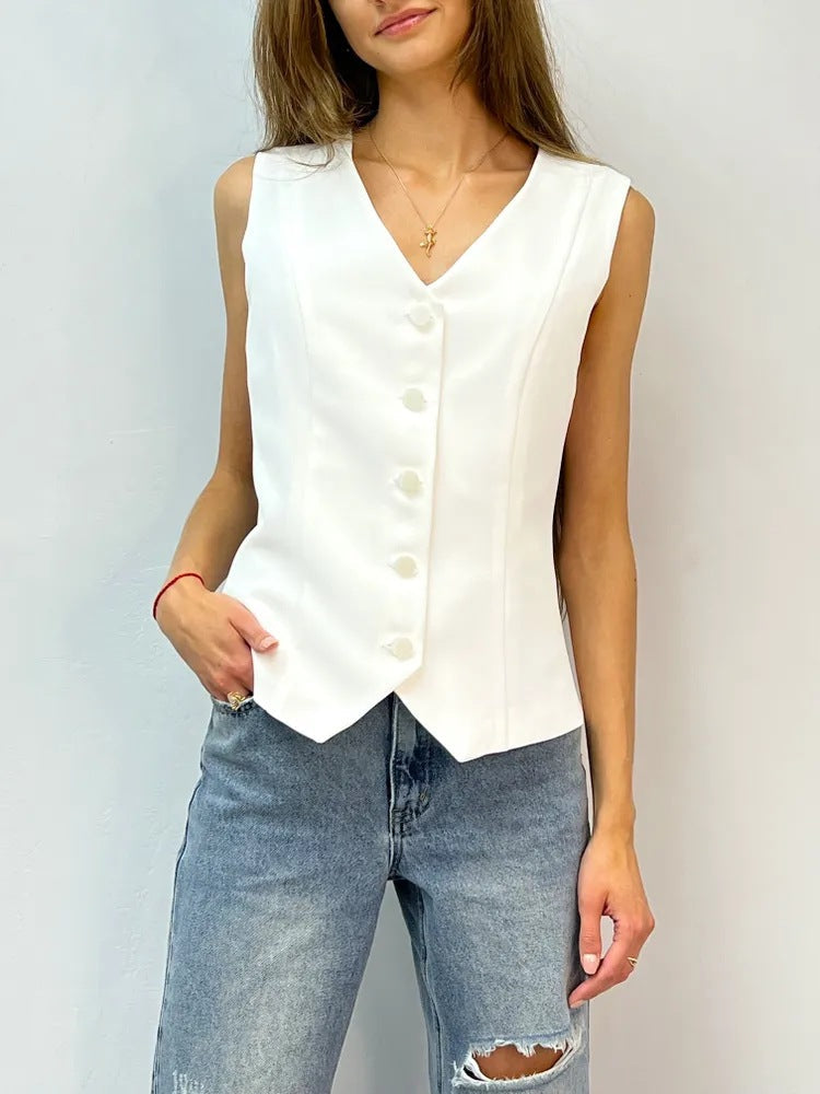 Damen ärmellose Bluse mit Knopfleiste R&B