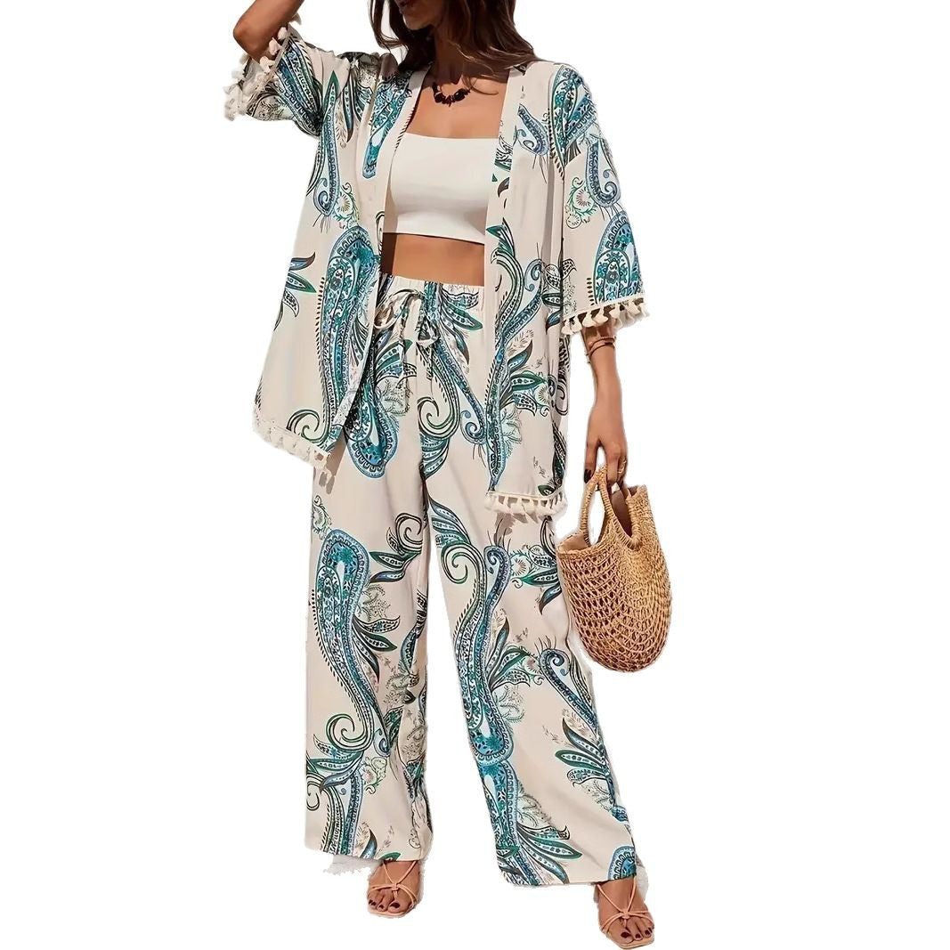 Damen Elegante Kombination aus Kimono und Hose mit kunstvollem Druck R&B