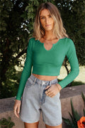 Damen lässiges Crop-Top mit tiefem V-Ausschnitt und feiner Rippstruktur R&B