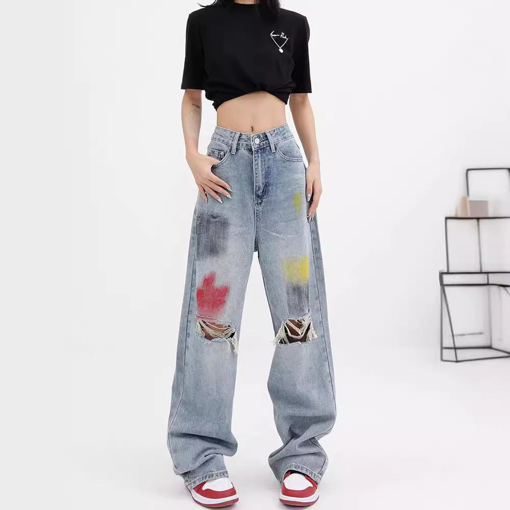 Damen Weite Destroyed Jeans mit bunter Akzentuierung und modischen Rissen R&B