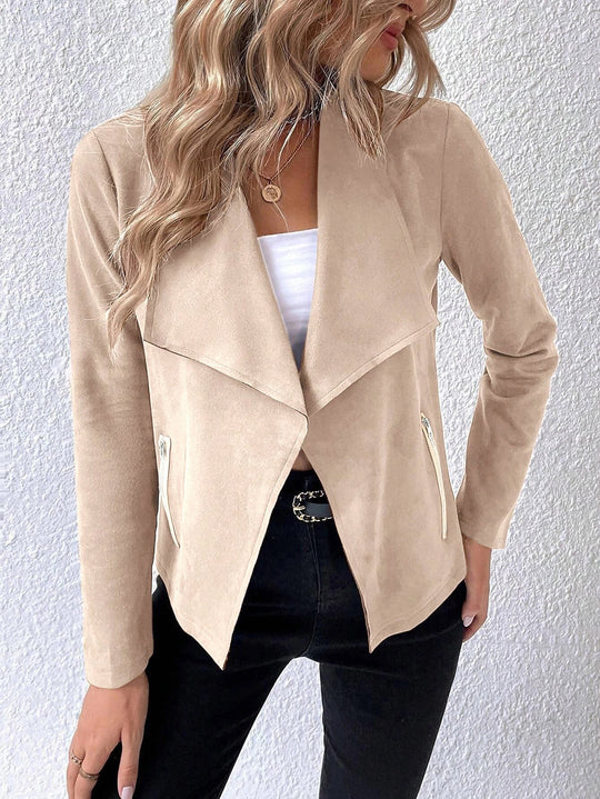Damen elegante Veloursjacke mit asymmetrischem Revers und Reißverschlusstaschen R&B