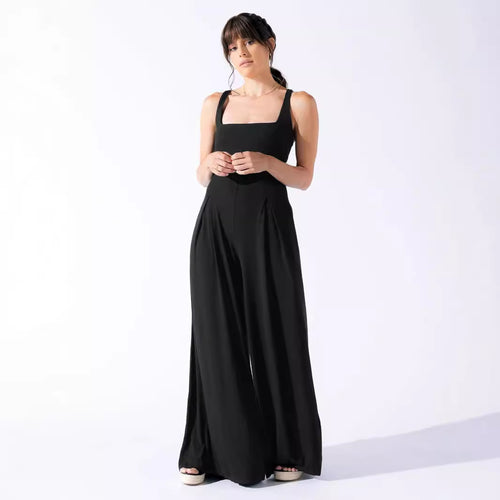 Damen Jumpsuit mit weit geschnittenem Bein und tiefem Rückenausschnitt R&B