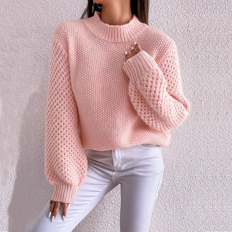 Damen kuscheliger Strickpullover mit hohem Kragen und strukturiertem Muster R&B