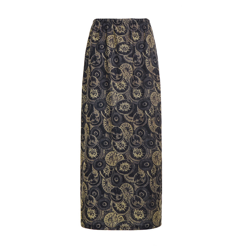 Damen Midi-Rock mit kunstvollem Druck und elastischem Bund R&B