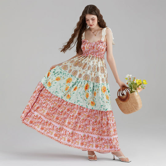 Damen Maxikleid mit floralen Falten und großzügigem A-Linien-Schnitt R&B