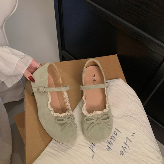 Damen elegante Mary Jane Ballerinas mit dekorativem Spitzenrand und Schleifenakzent R&B