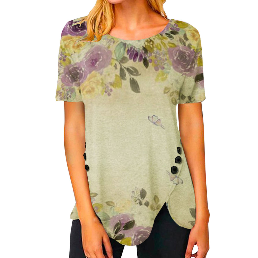 Damen lässiges T-Shirt mit dekorativem Floraldesign und asymmetrischem Saum R&B