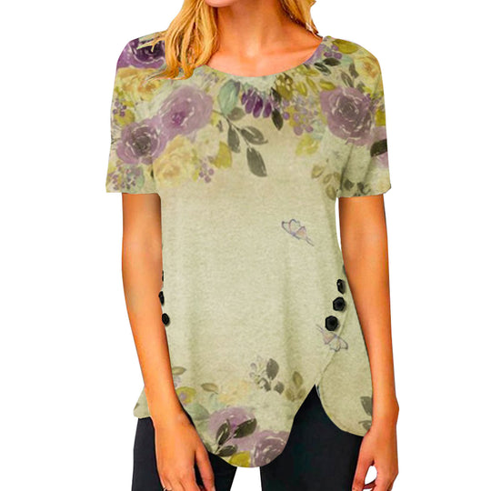 Damen lässiges T-Shirt mit dekorativem Floraldesign und asymmetrischem Saum R&B