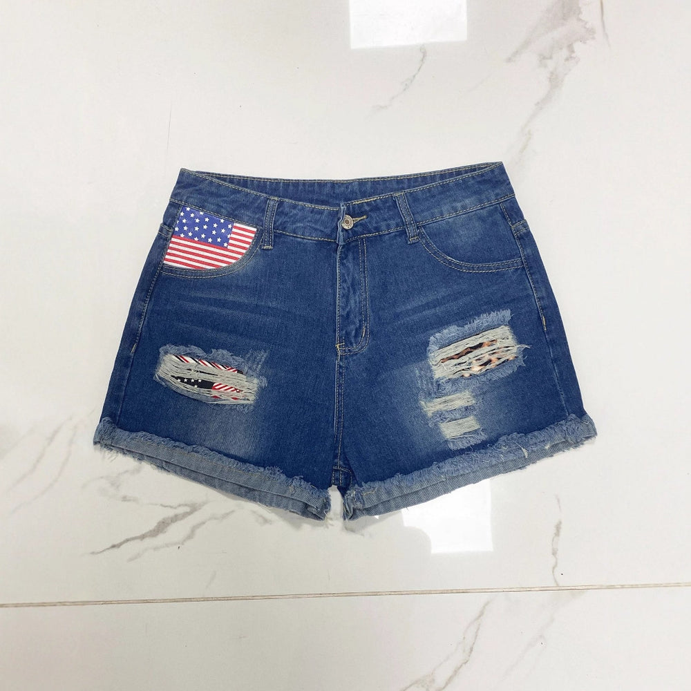 Damen Jeans-Shorts mit einzigartigem Flaggen-Design und modernen Destroyed-Details R&B