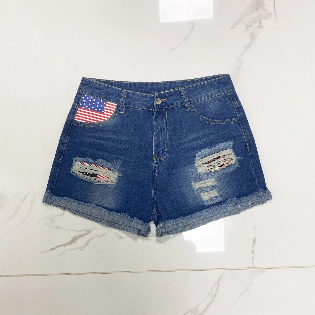 Damen Jeans-Shorts mit einzigartigem Flaggen-Design und modernen Destroyed-Details R&B