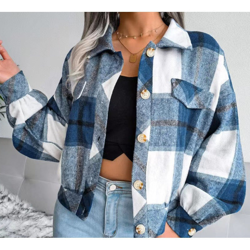 Damen karierte Flanelljacke mit Knopfverschluss und Brusttasche R&B