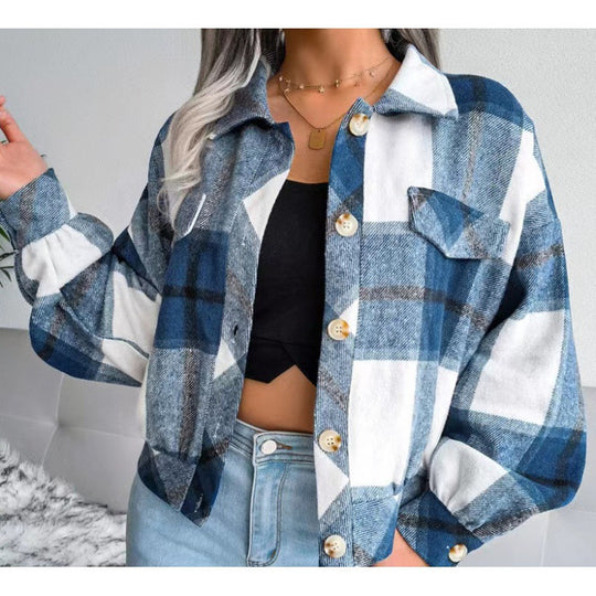 Damen karierte Flanelljacke mit Knopfverschluss und Brusttasche R&B