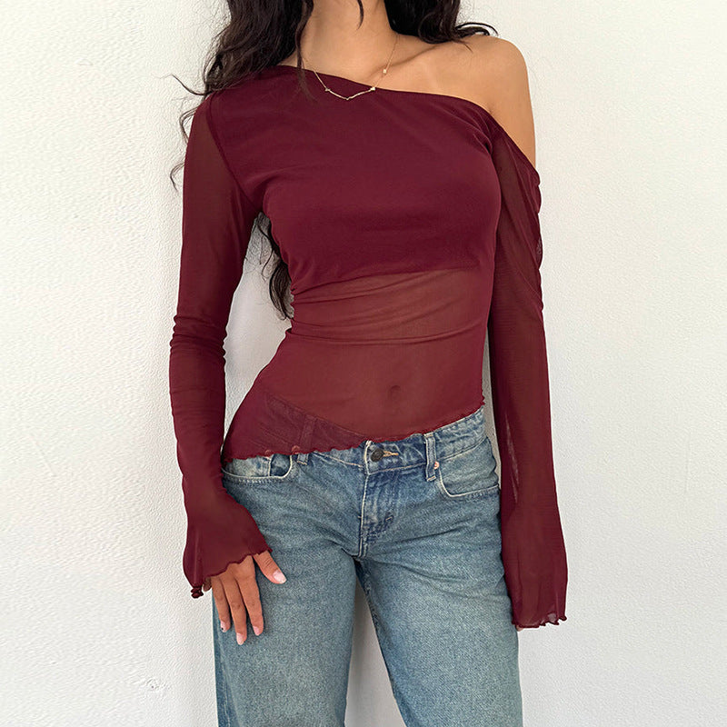 Damen asymmetrisches Langarmshirt mit transparenten Ärmeln und figurbetonter Silhouette R&B