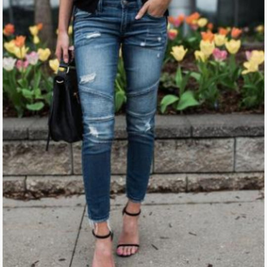 Damen schmal geschnittene Jeans mit modischem Rippdesign und ausgefranstem Saum R&B
