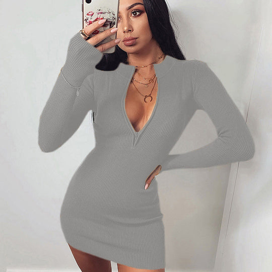 Damen Körperbetontes Strickkleid mit tiefem V-Ausschnitt und langen Ärmeln R&B