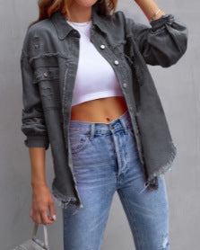 Damen Stylische Overshirt-Jacke mit fransigem Saum R&B