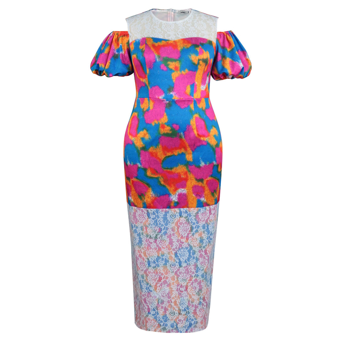 Damen Maxikleid mit voluminösen Puffärmeln und floralem Spitzenbesatz R&B