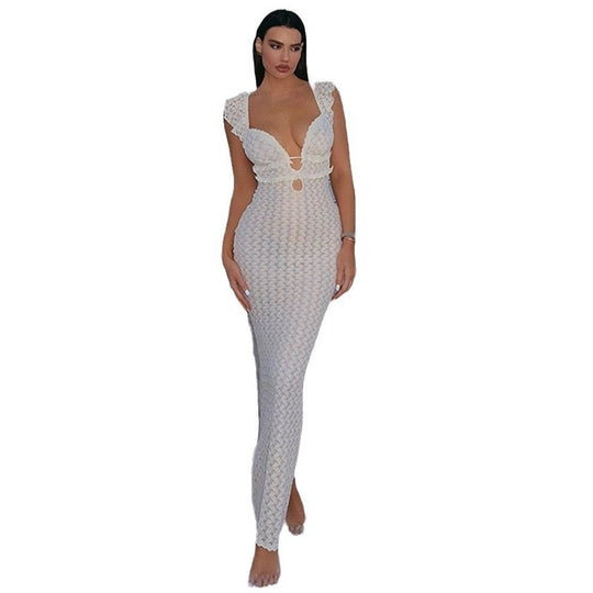 Damen Elegantes Spitzenkleid mit tiefem V-Ausschnitt und raffiniertem Schlitz R&B