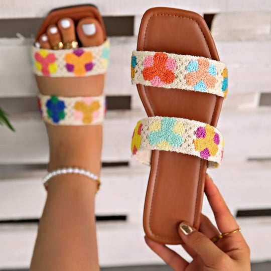 Damen Bunte Flauscher Slides mit floralem Design R&B