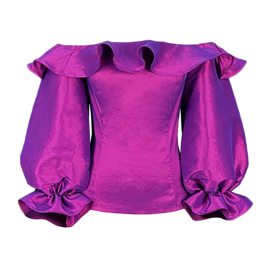 Damen Off-Shoulder Bluse mit voluminösen Puffärmeln und elegantem Rüschensaum R&B