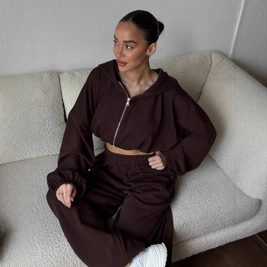 Damen Sportlicher Cropped-Trainingsanzug mit Reißverschluss R&B