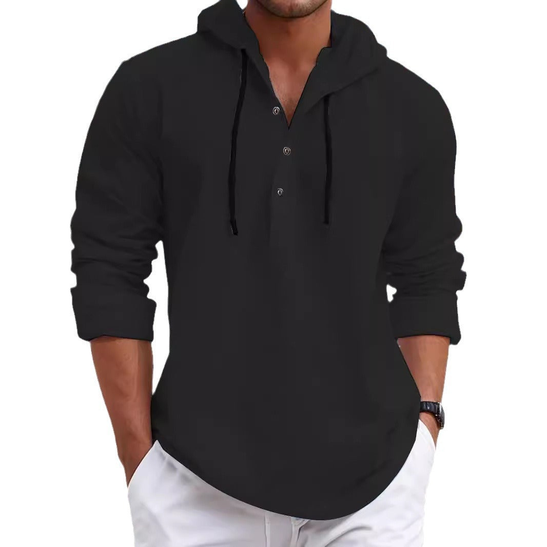 Herren nan sommerliches Hoodie-Henley mit verdeckter Knopfleiste, Kordelzug und gerundetem Saum R&B