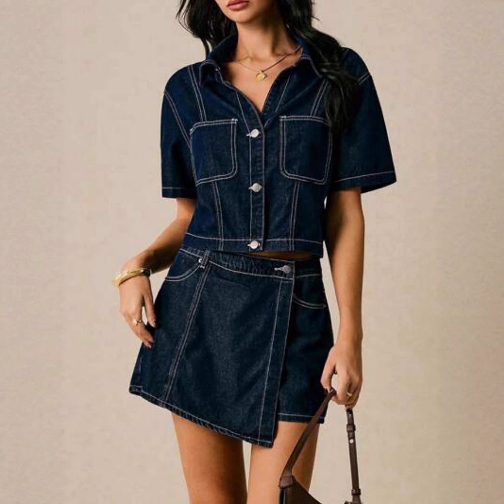 Damen Denim-Crop-Jacke mit praktischen Taschen und modernem Design R&B