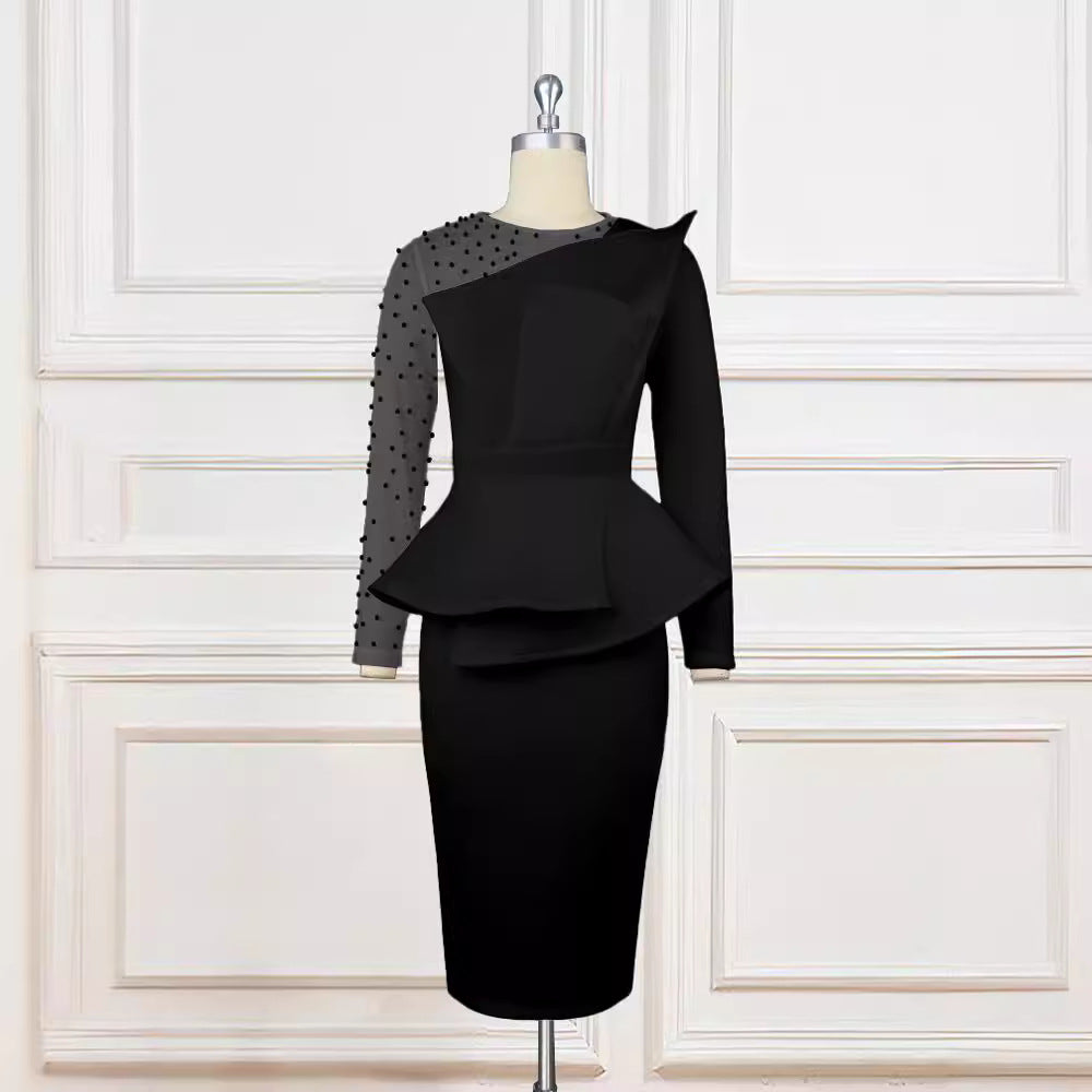 Damen Etuikleid mit transparenten Puffärmeln und dekorativem Peplum R&B