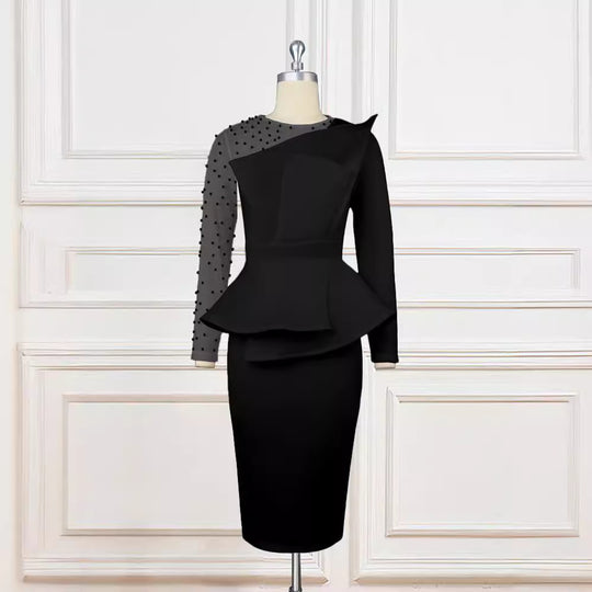 Damen Etuikleid mit transparenten Puffärmeln und dekorativem Peplum R&B