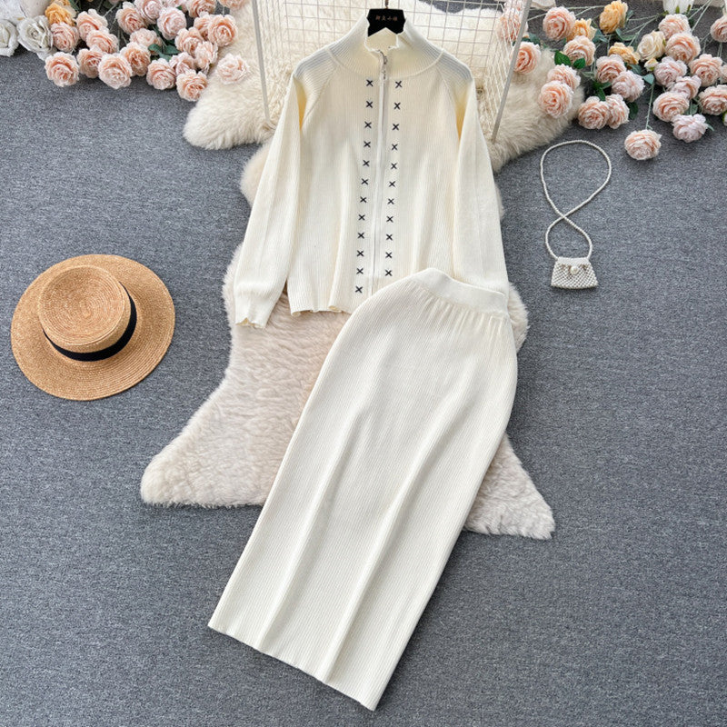 Damen eleganter Strickanzug mit Reißverschluss R&B