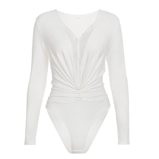 Damen Bodysuit mit tiefem V-Ausschnitt und elegantem Raffungselement R&B