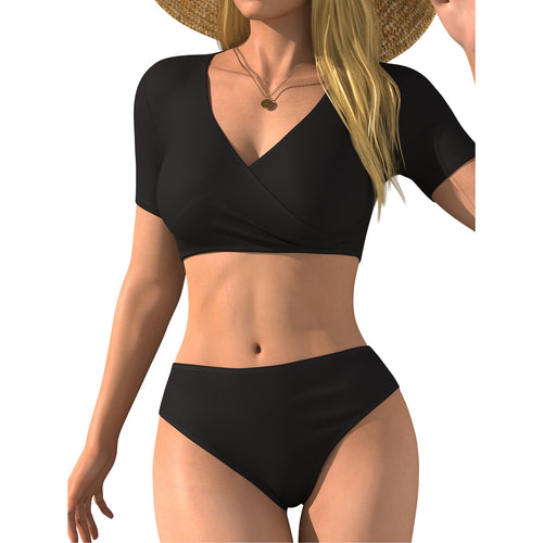 Damen Bikini-Oberteil mit Wickelschnitt und kurzen Ärmeln R&B