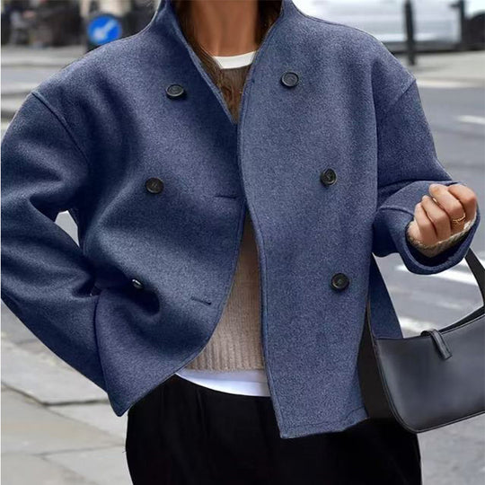Damen modische Wolljacke mit doppelter Knopfleiste und hohen Kragen R&B
