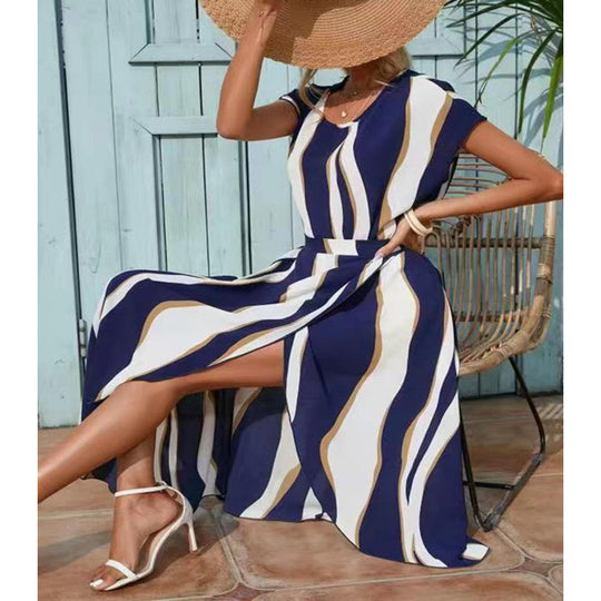 Damen Maxi-Kleid mit modernen Streifen und elegantem Schlitz R&B