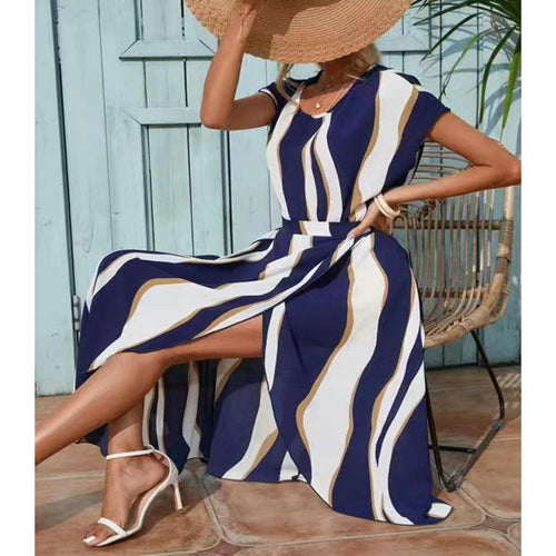 Damen Maxi-Kleid mit modernen Streifen und elegantem Schlitz R&B