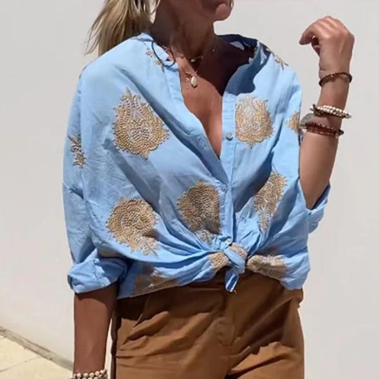 Damen nan Oversize-Hemdbluse mit Knotenfront und Paisley-Stickerei R&B