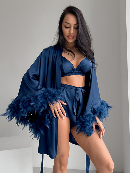 Damen Satin Kimono mit Federn R&B