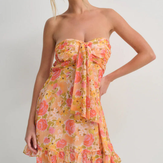 Damen nan trägerloses Chiffonkleid mit Frontschleife und Volantsaum R&B