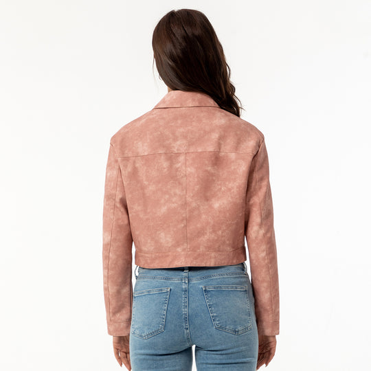 Damen modische cropped Kunstlederjacke mit klassischem Wellenkragen R&B