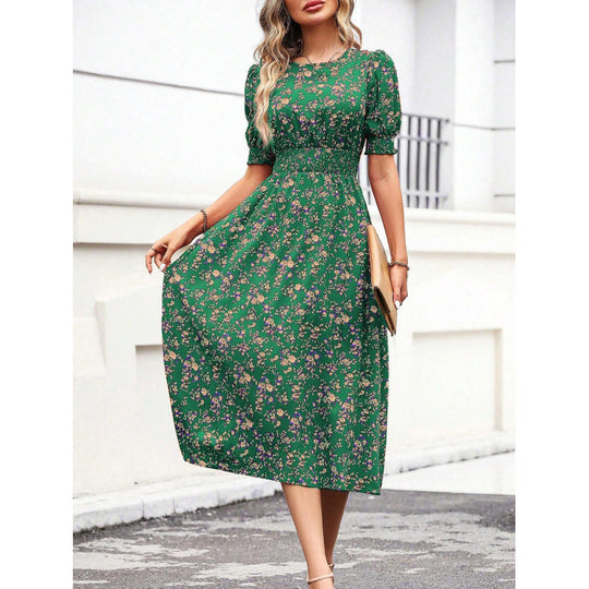 Damen Leichtes Blumendruck Maxi Kleid mit Smock-Taille R&B